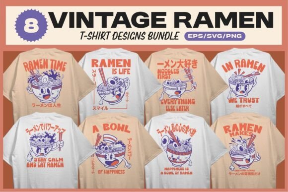 Timeless Noodle Art: Vintage Ramen T-Shirt Designs Bundle